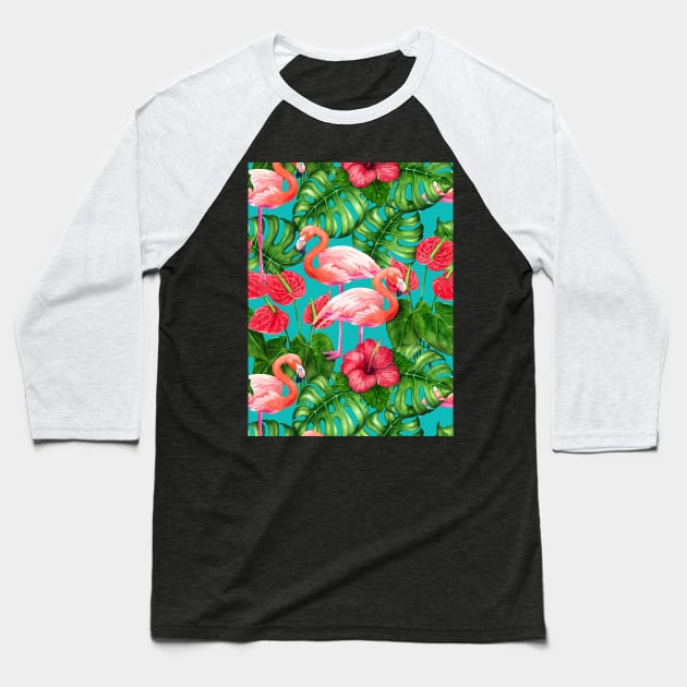 Flamingo birds and tropical garden watercolor Baseball T-Shirt by katerinamk